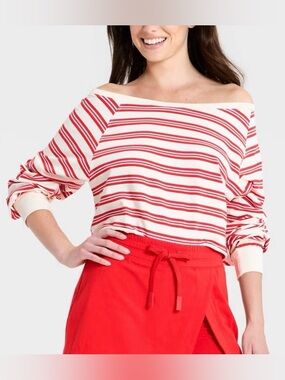 JoyLab Red & White Striped Off-Shoulder Crop Top